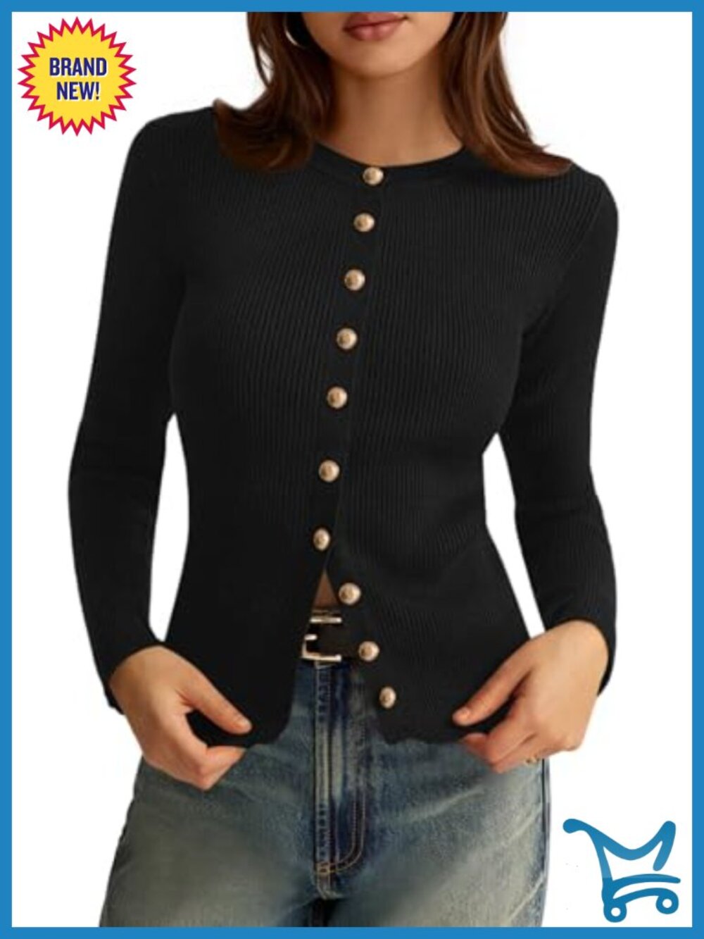 Lightweight Ribbed Knit Button Down Crewneck Cardigan Sweater